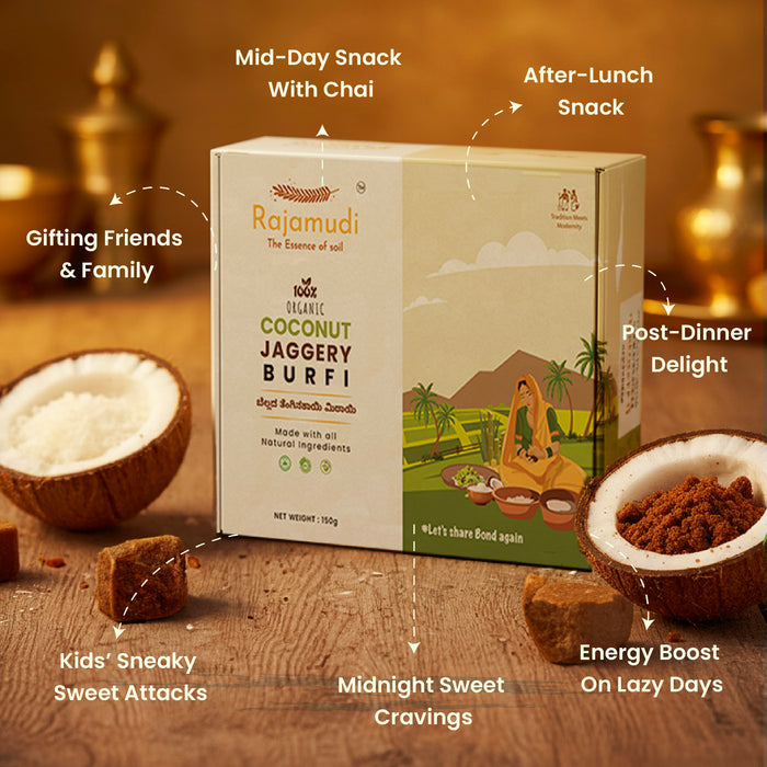 Rajamudi Coconut Jaggery Burfi packaging with usage suggestions