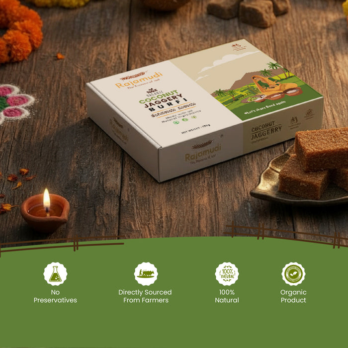 Box of Rajamudi Coconut Jaggery on a wooden surface with jaggery pieces and a candle.