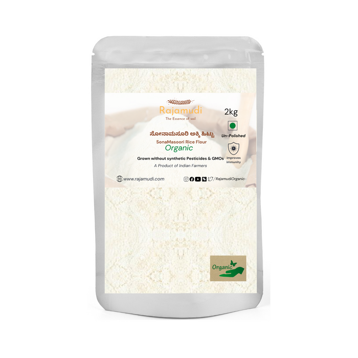 Organic Sonamasuri Rice Flour From unpolished Sonamasuri rice By Rajamudi Organics