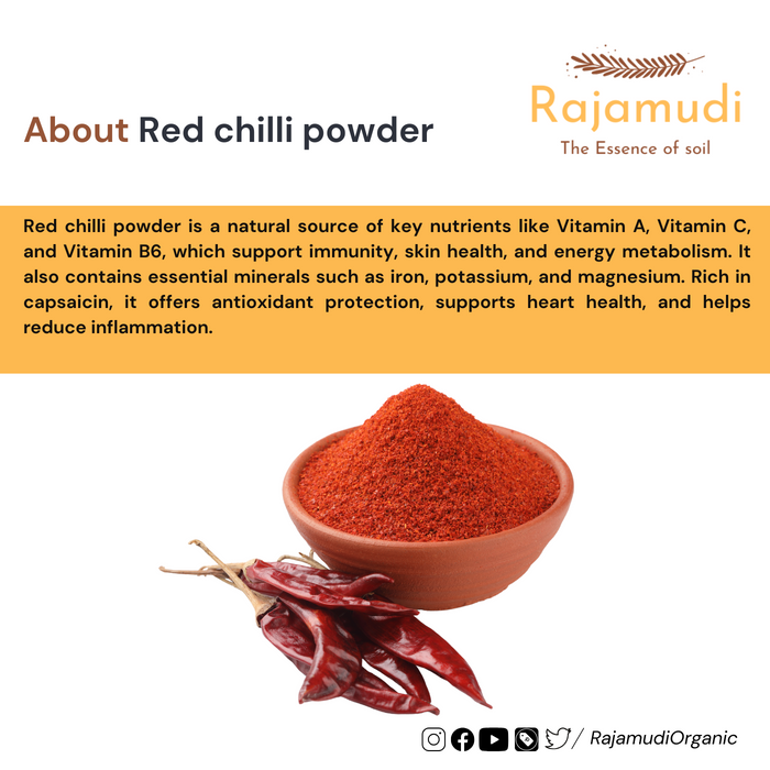 Bowl of red chili powder with dried chilies on a white background, featuring Rajamudi brand.
