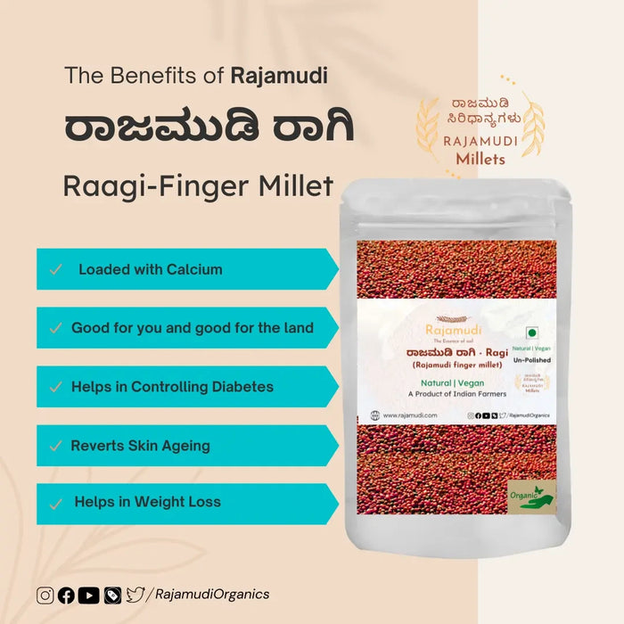 Rajamudi Finger Millet Whole Grain- Ragi  Unpolished | Rajamudi Organics